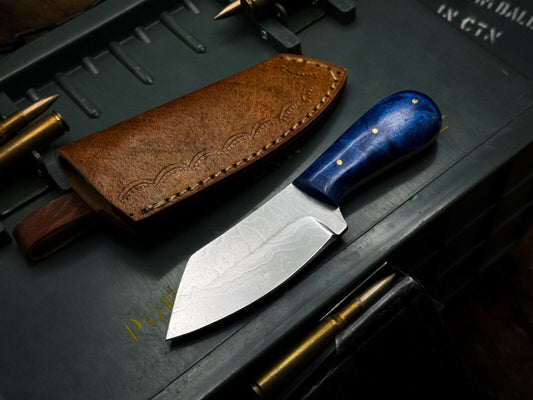 Damascus Skinner Knife – 2-3" Stainless Steel Blade with Resin Handle & Cow Leather Sheath