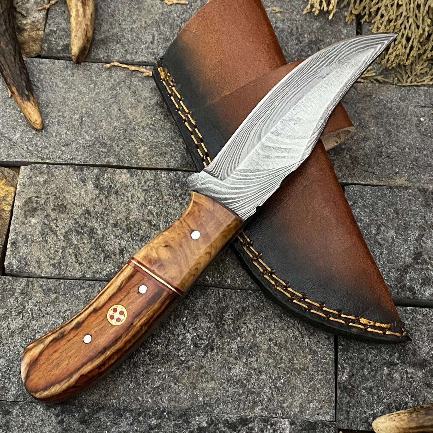 Heritage Forge 8 Inch Damascus Steel Skinner Hunting Knife with Wood Handle and Sheath