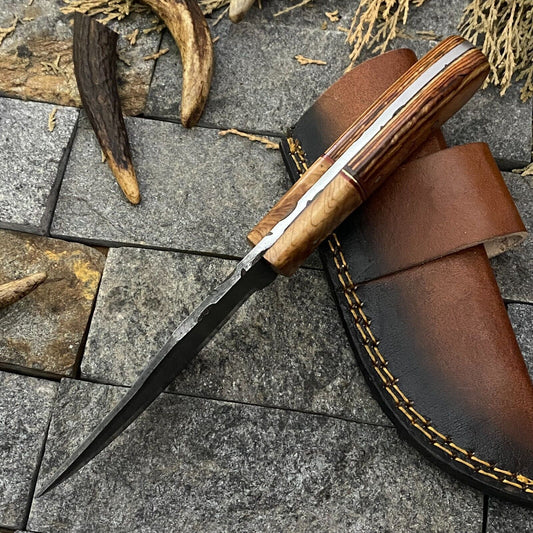 Heritage Forge 8 Inch Damascus Steel Skinner Hunting Knife with Wood Handle and Sheath