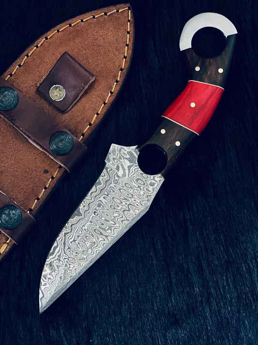 8.5" Fire Pattern Damascus Bowie Knife – Camel Bone & Wood Handle