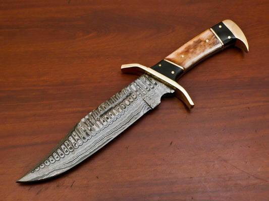 12 Inch Handmade Damascus Steel Bowie Hunting Knife with Camel Bone and Bull Horn Handle