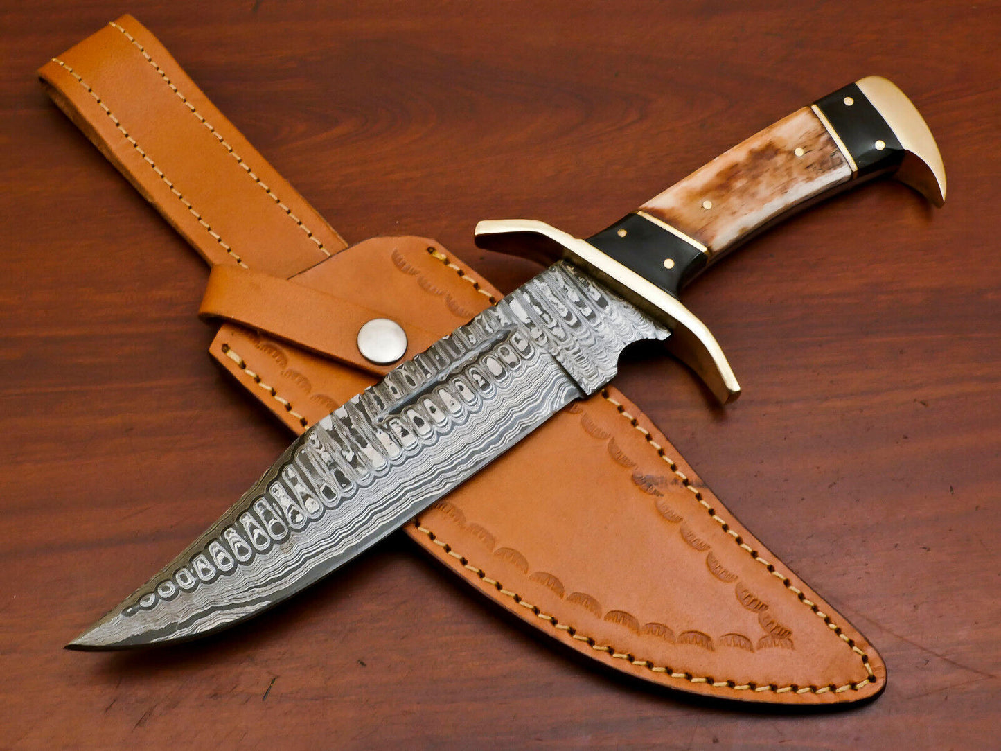 12 Inch Handmade Damascus Steel Bowie Hunting Knife with Camel Bone and Bull Horn Handle