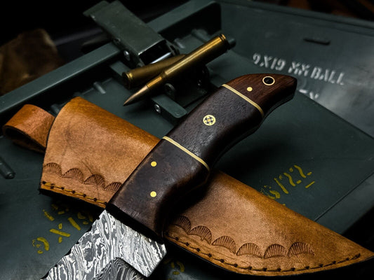 Heritage Forge Handmade Damascus Steel Hunting Knife with Wood Handle and Cow Leather Sheath