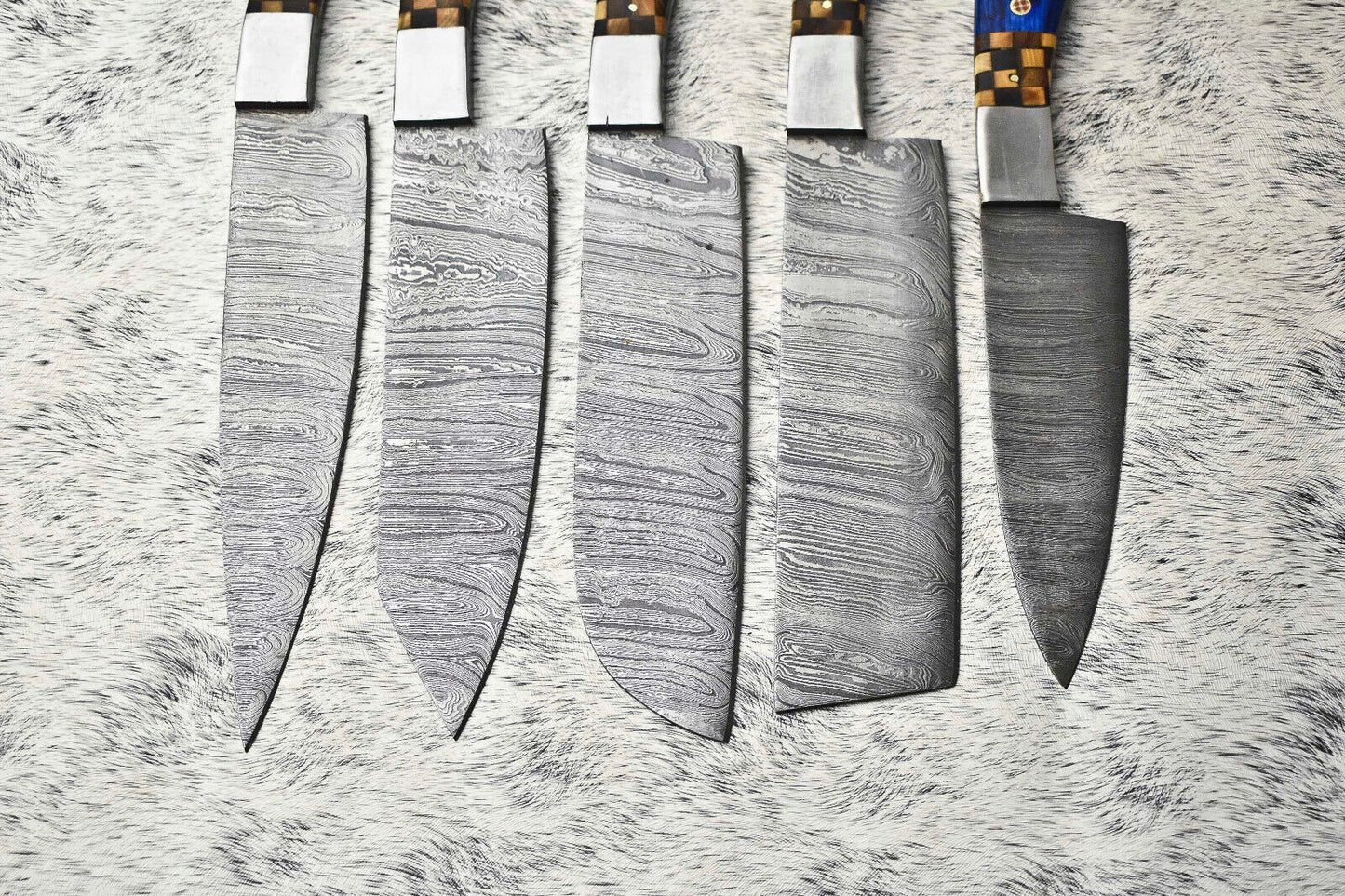 Lot Of 5 Handmade Damascus Hammered Full Tang Chef Set Knives with Hard Wood Handles