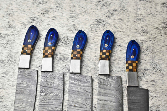 Lot Of 5 Handmade Damascus Hammered Full Tang Chef Set Knives with Hard Wood Handles