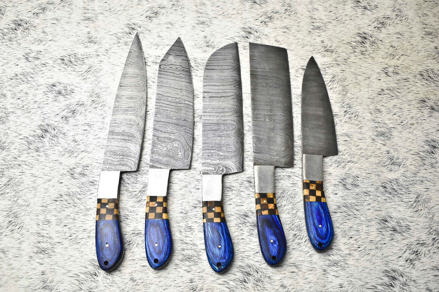 Lot Of 5 Handmade Damascus Hammered Full Tang Chef Set Knives with Hard Wood Handles