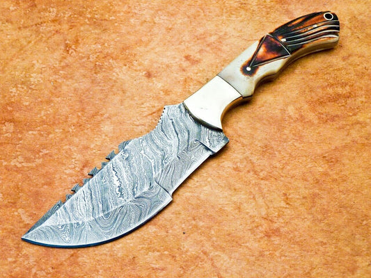 10" Handmade Damascus Tracker Bowie Knife – Camel Bone & Brass Bolster