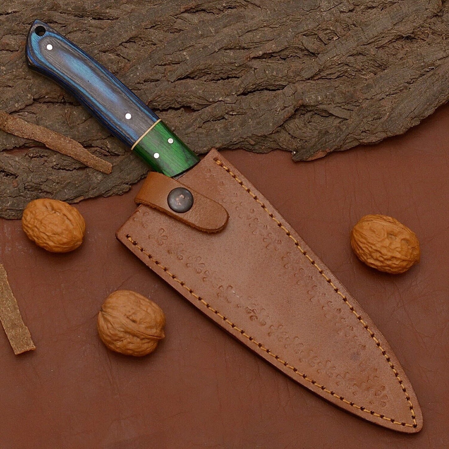 Custom Handmade Damascus Steel Chef Knife – 12" Kitchen Knife with Wood Handle & Leather Sheath