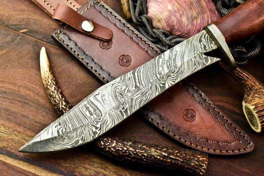 14.5" Rare Handmade Damascus Bowie Knife | Walnut Wood Handle