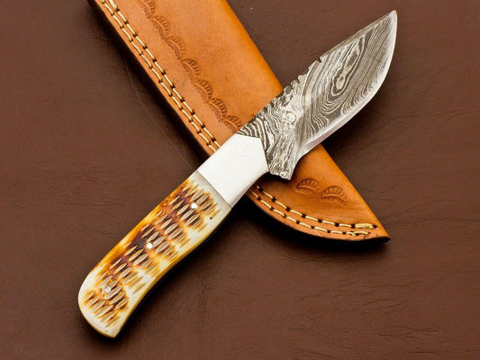 8.5" Handmade Damascus Bowie Knife | Camel Bone Handle & 3.5" Blade