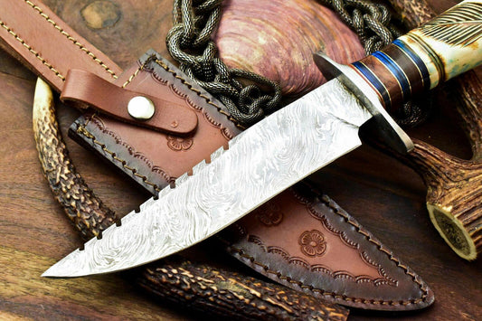 12.5" Rare Handmade Damascus Bowie Hunting Knife | Farms Camel Bone Handle