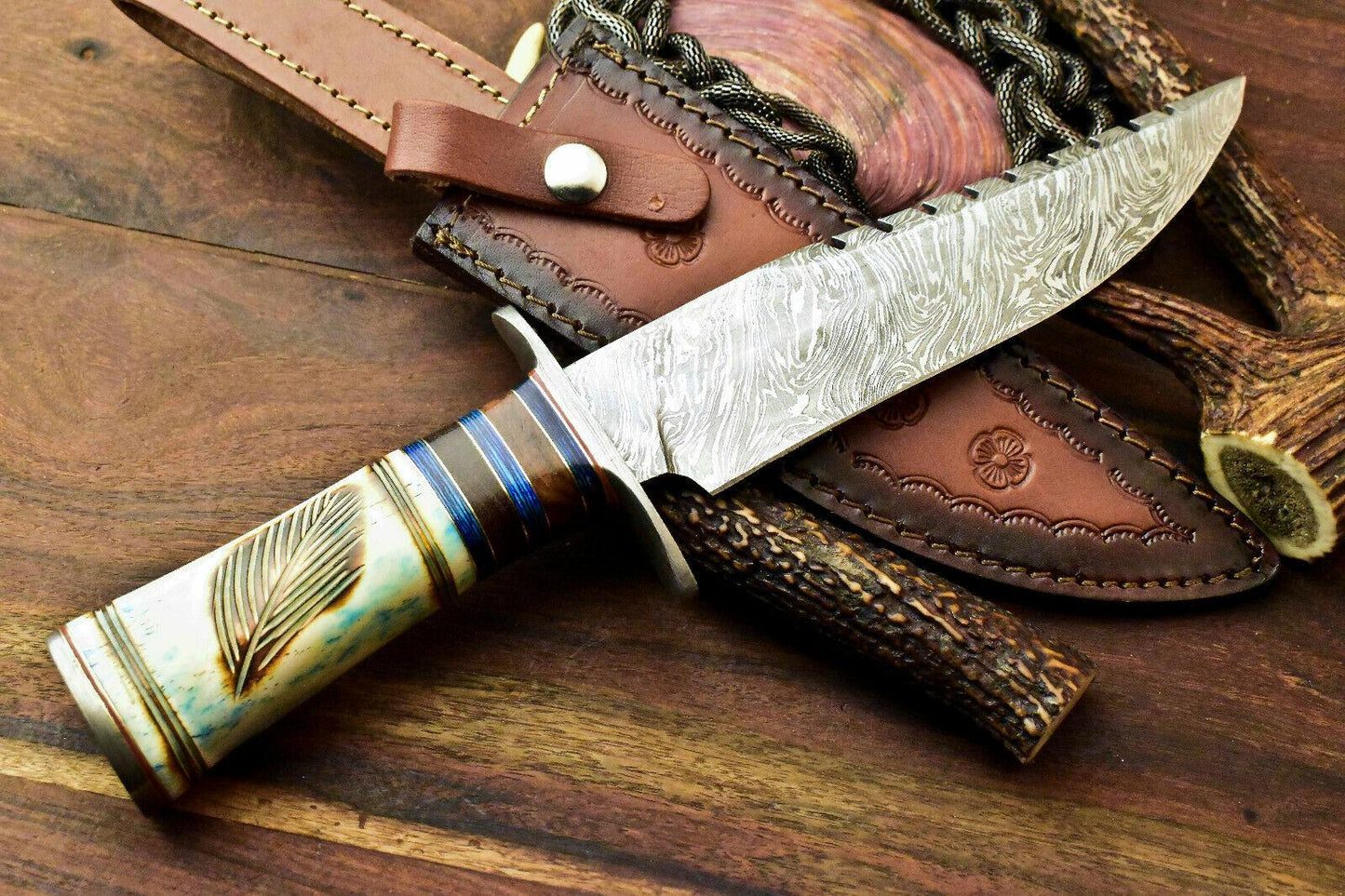 12.5" Rare Handmade Damascus Bowie Hunting Knife | Farms Camel Bone Handle