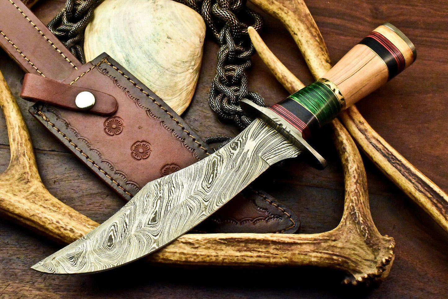 Custom Damascus Bowie Hunting Knife | Olive Wood Handle, 7.5" Blade