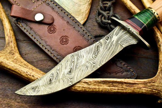 Custom Damascus Bowie Hunting Knife | Olive Wood Handle, 7.5" Blade