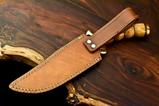 13" Handmade Damascus Bowie Knife | Olive Wood Handle & Leather Sheath