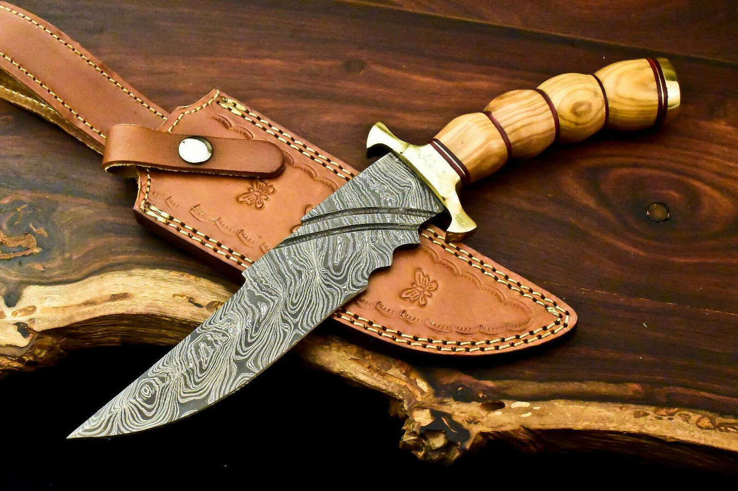 13" Handmade Damascus Bowie Knife | Olive Wood Handle & Leather Sheath