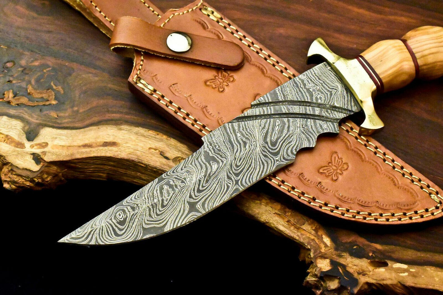 13" Handmade Damascus Bowie Knife | Olive Wood Handle & Leather Sheath
