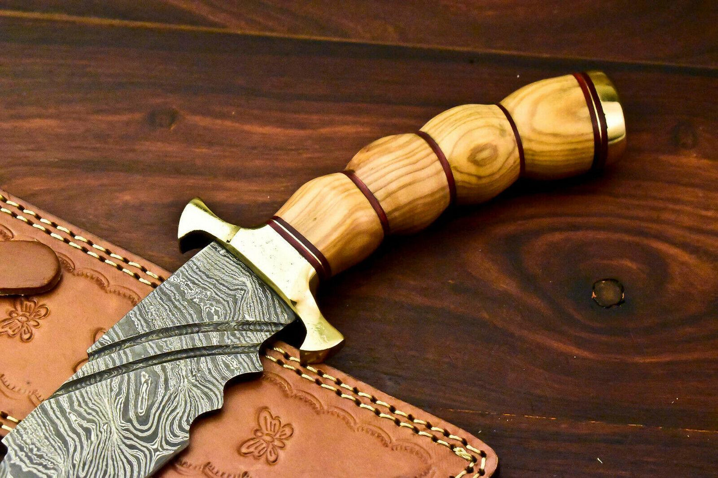 13" Handmade Damascus Bowie Knife | Olive Wood Handle & Leather Sheath