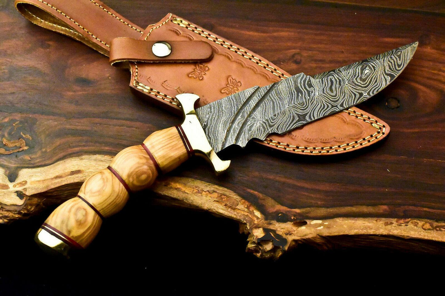 13" Handmade Damascus Bowie Knife | Olive Wood Handle & Leather Sheath