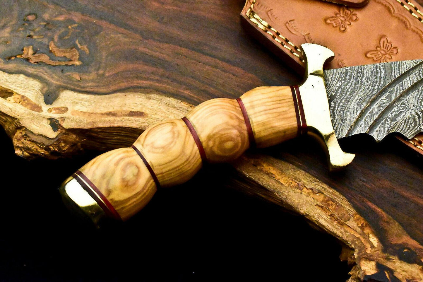 13" Handmade Damascus Bowie Knife | Olive Wood Handle & Leather Sheath