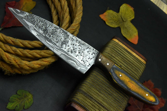 Custom Hammered Damascus Steel Fixed Blade Chef Knife Handmade, Wooden Handle
