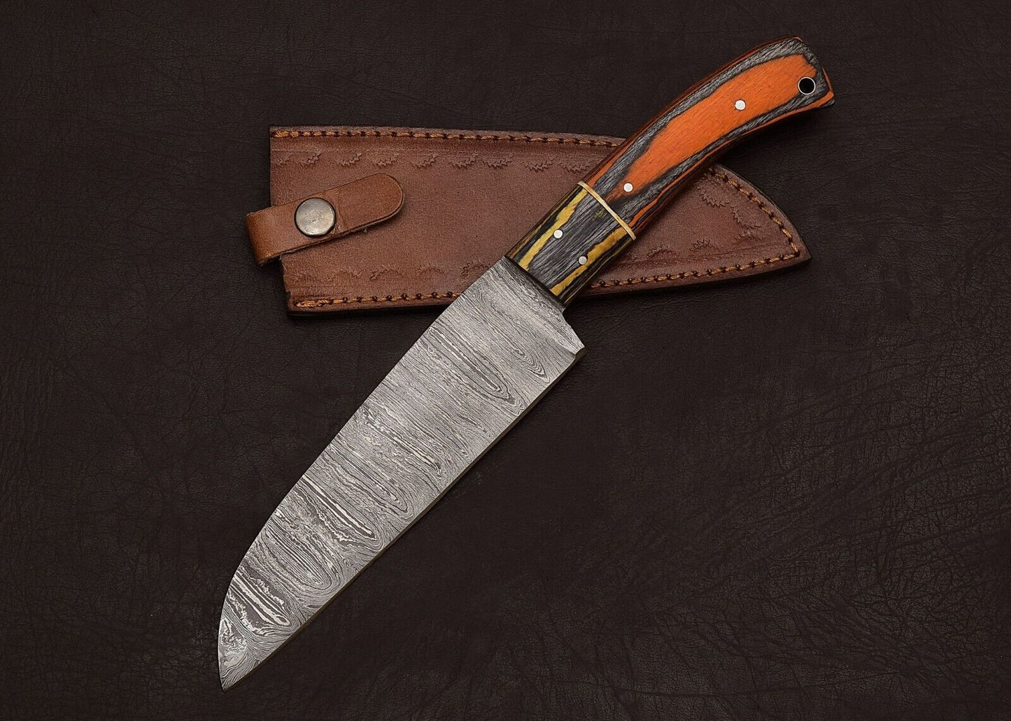 Handmade Damascus Steel Kitchen Chef Fillet Knife with 8" Blade & Pakka Wood Handle + Leather Sheath