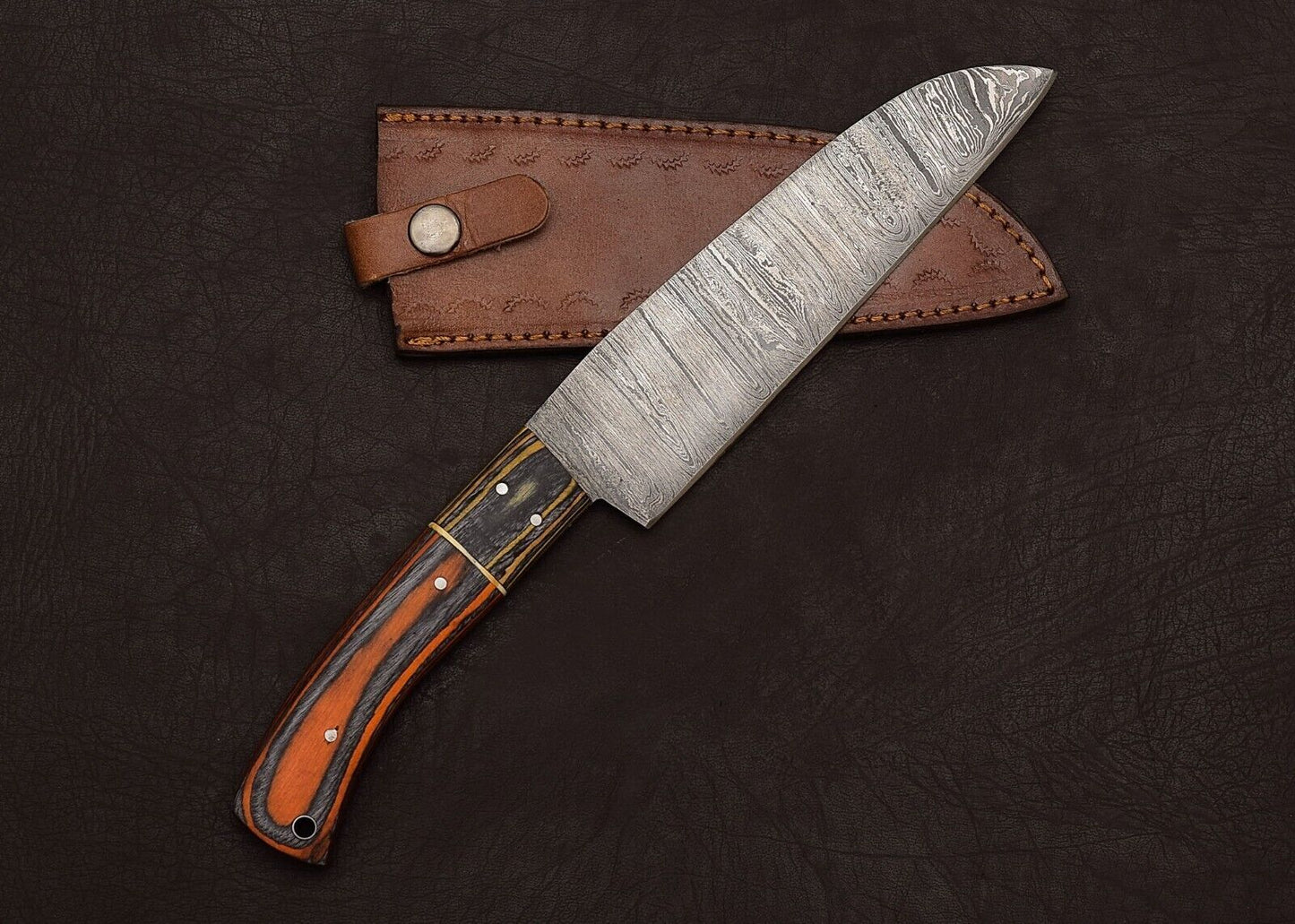 Handmade Damascus Steel Kitchen Chef Fillet Knife with 8" Blade & Pakka Wood Handle + Leather Sheath