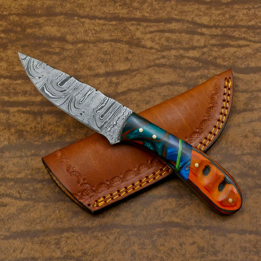 Handmade Damascus Skinner Hunting Knife with Resin and Wood Handle – Custom Fixed Blade