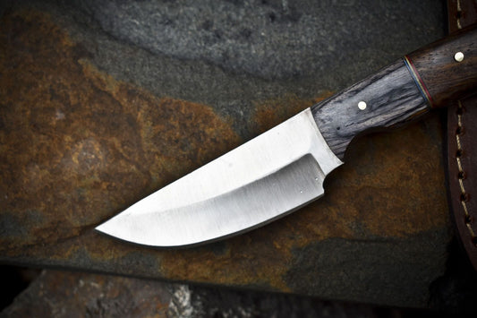 8" Skinner Knife AUS-8 Steel Hard Wood Handle Wooden Bolster with Leather Sheath