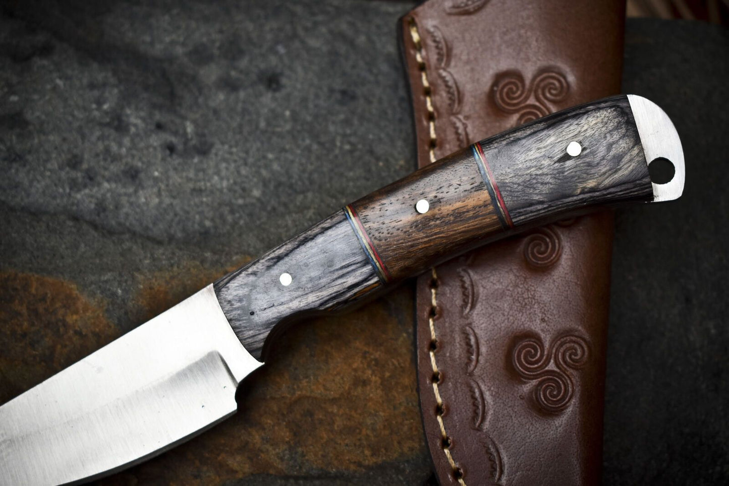8" Skinner Knife AUS-8 Steel Hard Wood Handle Wooden Bolster with Leather Sheath