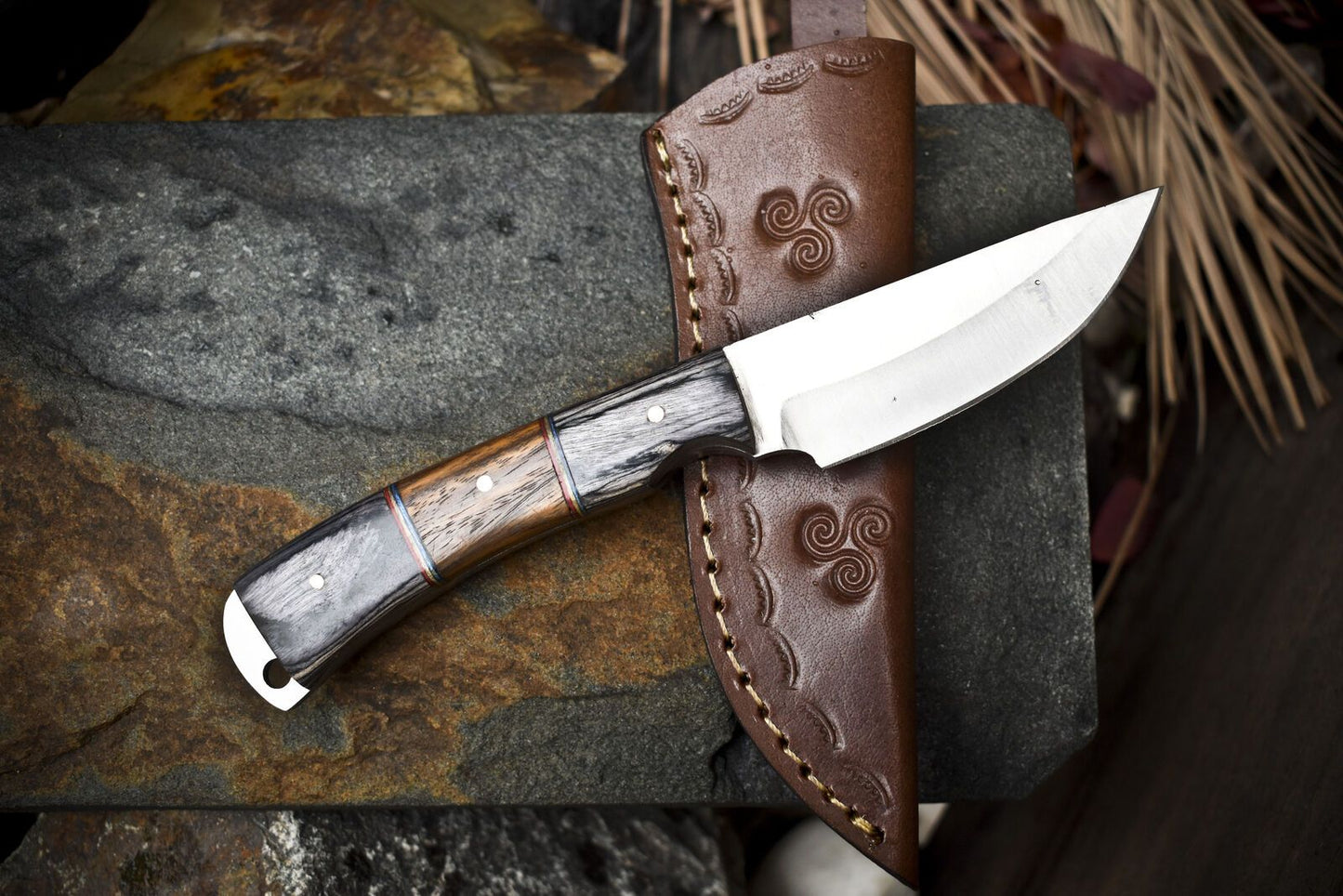 8" Skinner Knife AUS-8 Steel Hard Wood Handle Wooden Bolster with Leather Sheath