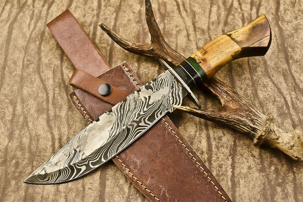 13.5" Heritage Forge Damascus Steel Bowie Knife | Olive Wood Handle