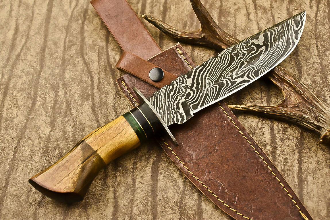 13.5" Heritage Forge Damascus Steel Bowie Knife | Olive Wood Handle
