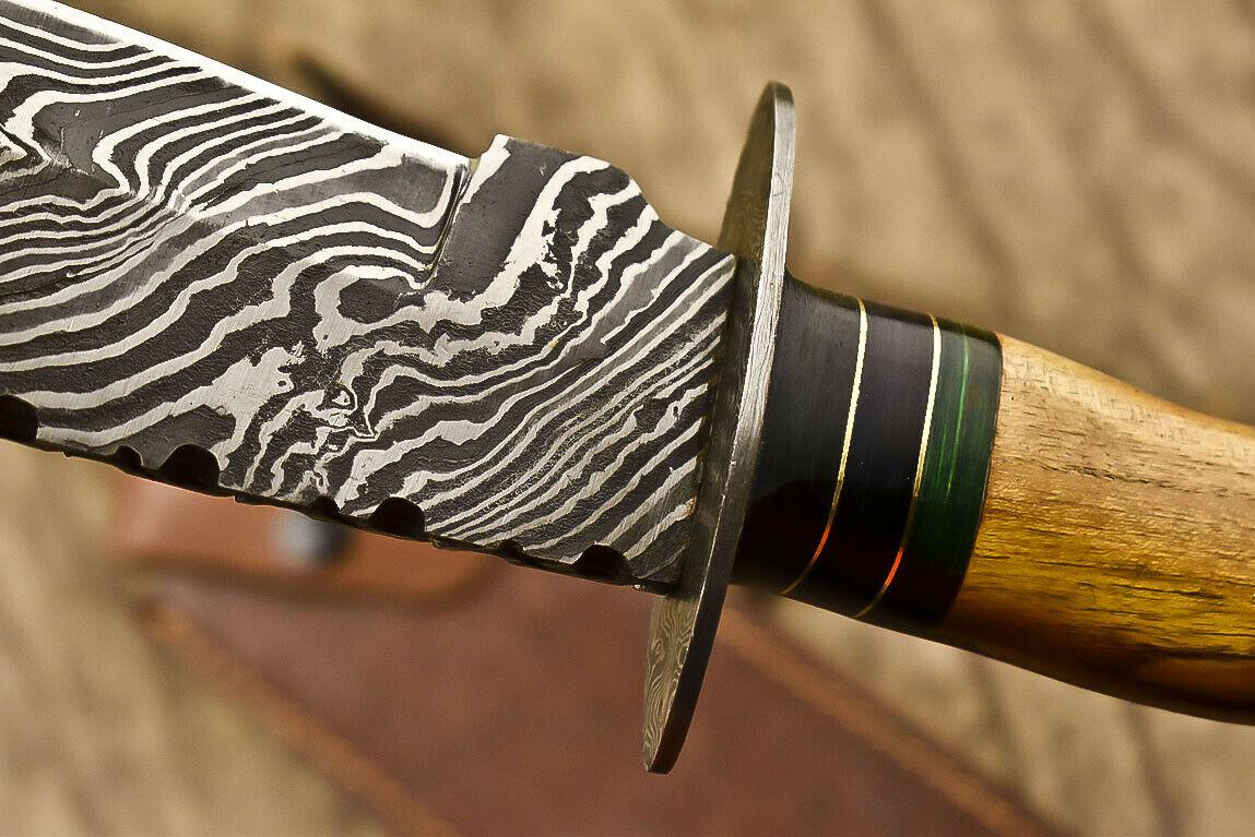 13.5" Heritage Forge Damascus Steel Bowie Knife | Olive Wood Handle