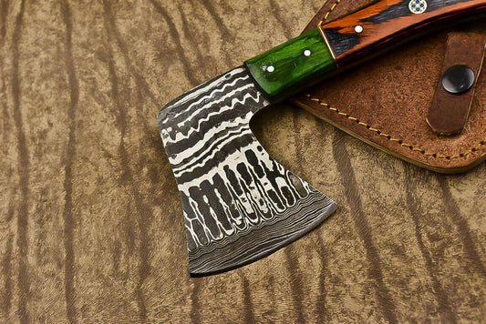 Handmade Damascus Steel Hard Wood Clever Chopper Axe Knife with Leather Sheath