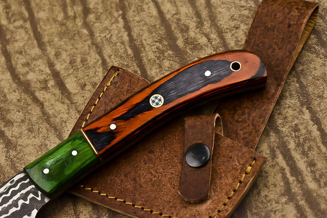 Handmade Damascus Steel Hard Wood Clever Chopper Axe Knife with Leather Sheath