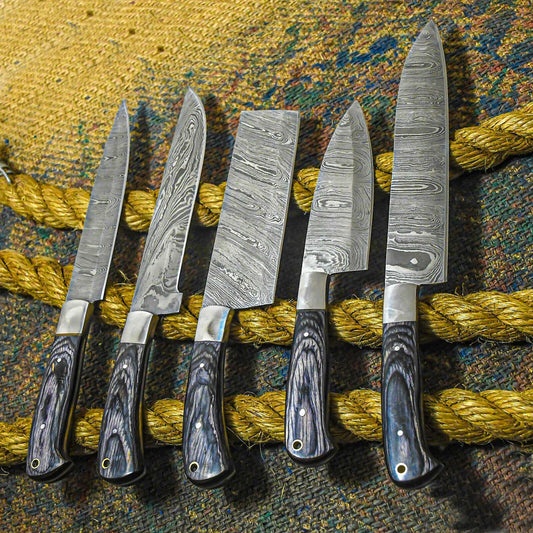 Custom Handmade Damascus Chef Knife Set | 5-Piece Colored Wood Handle