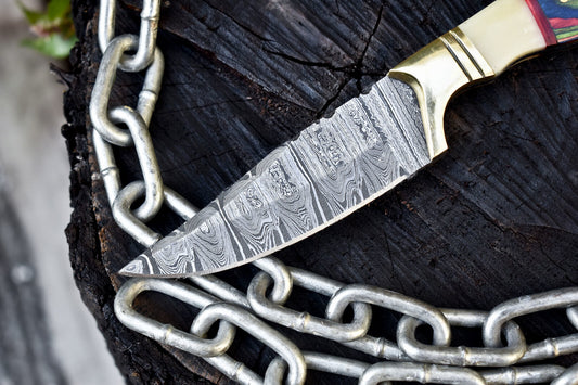 Handmade Twist Damascus Skinner Knife with Bone and Wood Handle Brass Guard