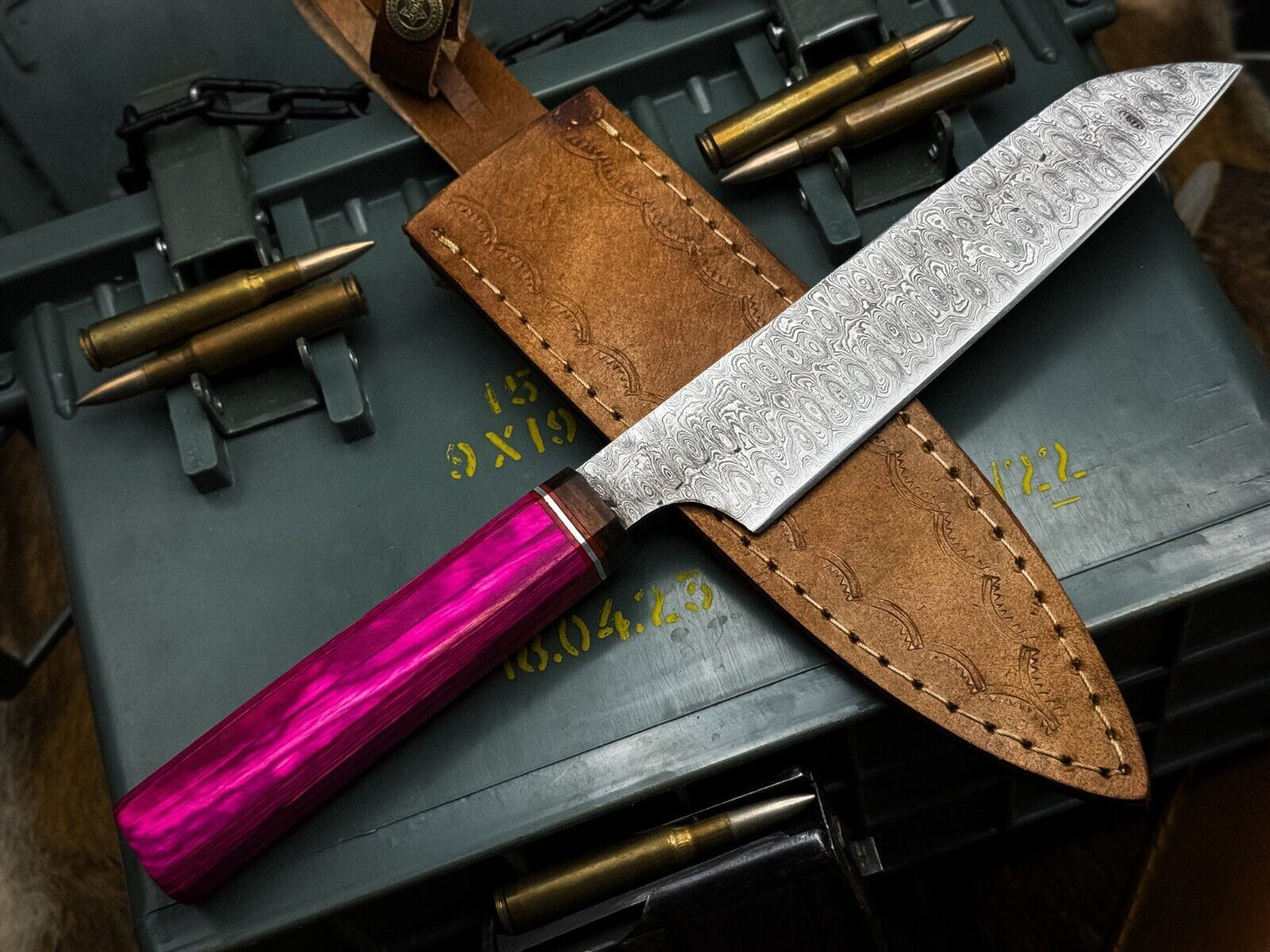Handmade Damascus Steel Kitchen Chef Cutting Knife with Wood Handle & Leather Sheath