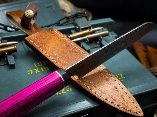 Handmade Damascus Steel Kitchen Chef Cutting Knife with Wood Handle & Leather Sheath