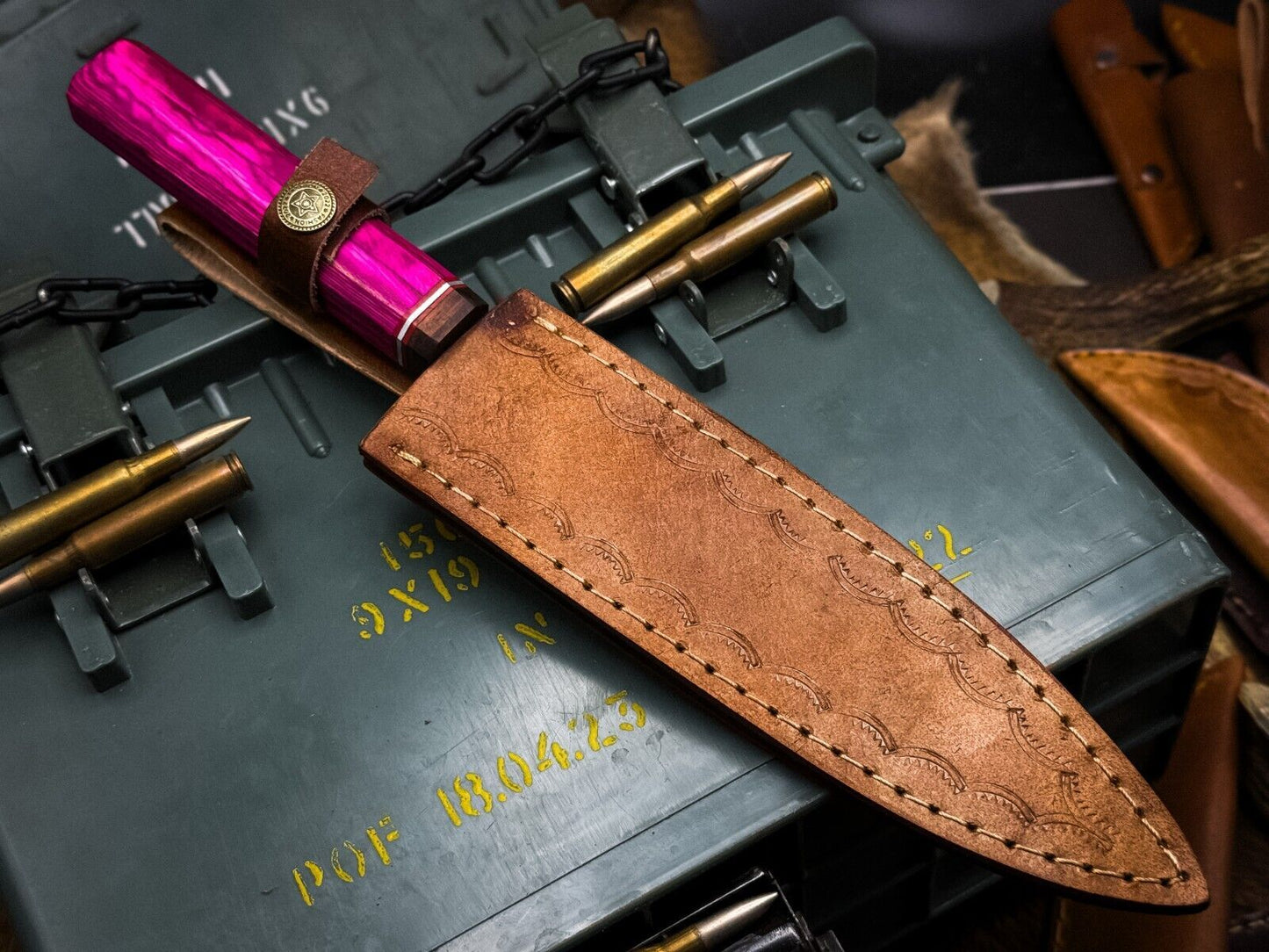 Handmade Damascus Steel Kitchen Chef Cutting Knife with Wood Handle & Leather Sheath