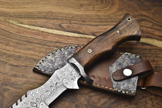 Forged Tracker Knife – Rain Drop Damascus Steel with Walnut Wood Handle & Damascus Guard – Hunting & Bushcraft Knife