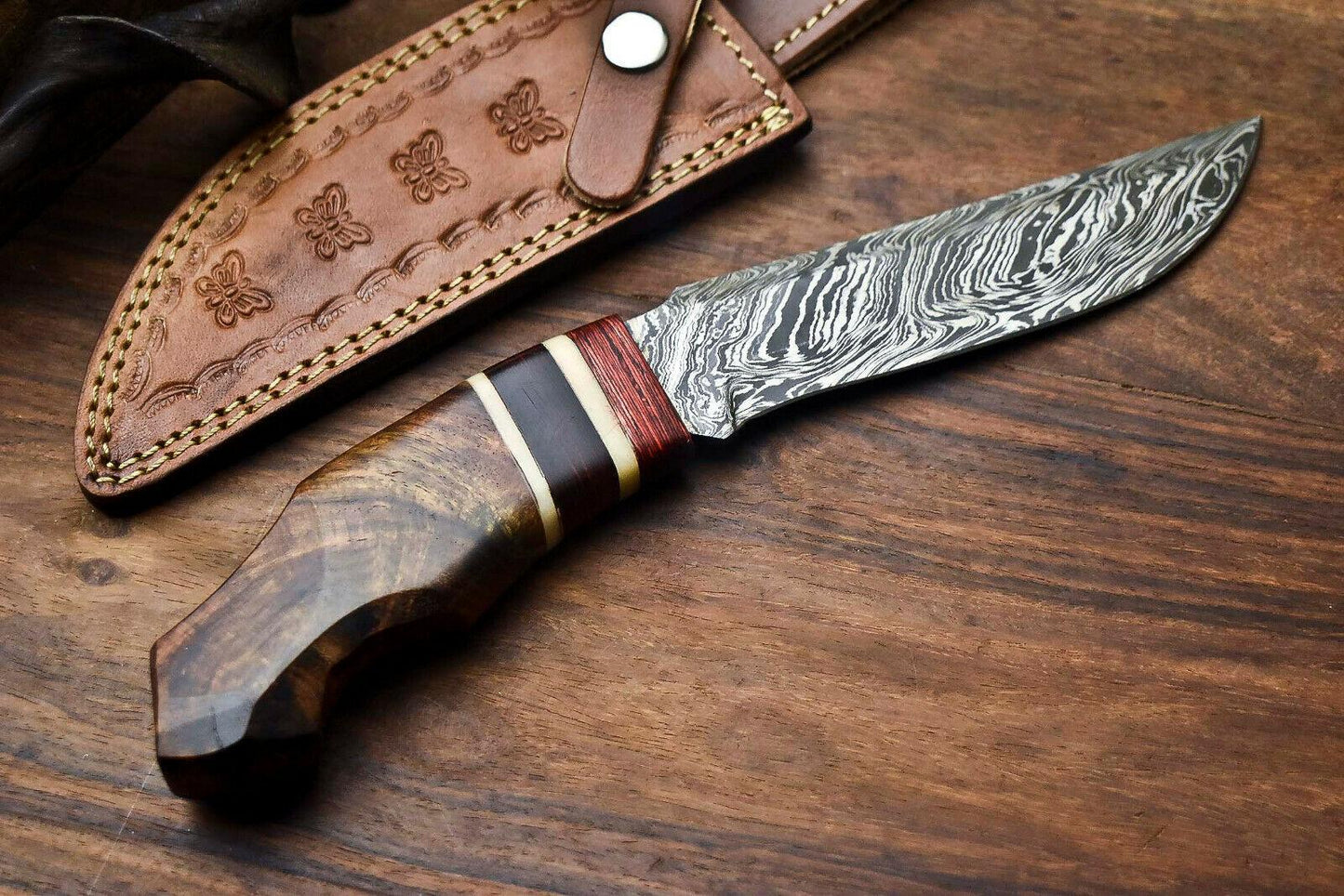 14" Handmade Damascus Steel Bowie Knife – Walnut Wood Handle