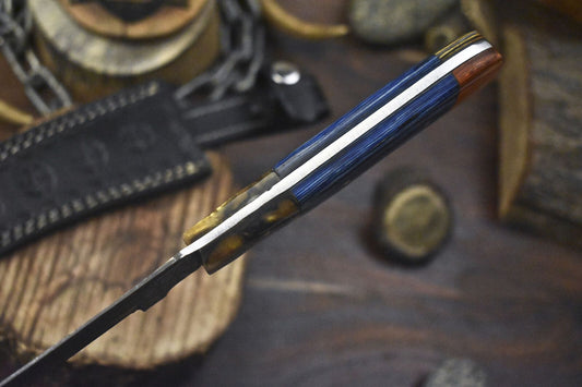 Ladder Damascus Skinner Knife with Hardwood Handle Custom Hiking Blade