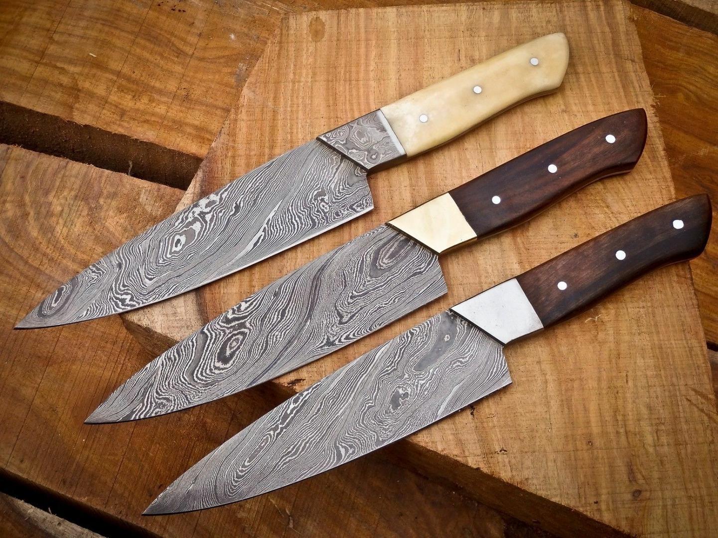 Custom Handmade Damascus Chef Knife Set 3pcs – Rosewood & Camel Bone Handle