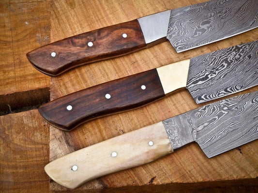 Custom Handmade Damascus Chef Knife Set 3pcs – Rosewood & Camel Bone Handle