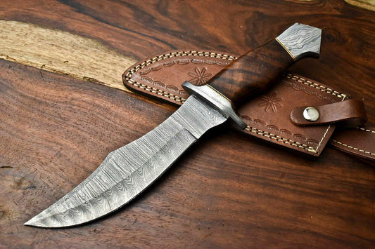 12.5 Inch Handmade Damascus Hunting Bowie Knife with Walnut Wood Handle