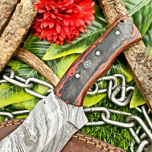 Custom Handmade Damascus Steel Full Tang Tracker Knife – Hardwood Handle, Brass Bolsters & Leather Sheath