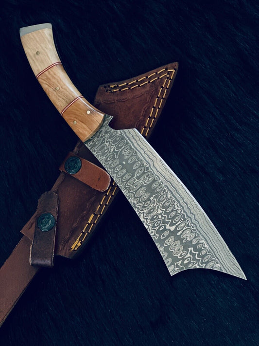 11" Custom Handmade Rain Drop Damascus Matchate Bowie Knife – Camel Bone & Wood Handle