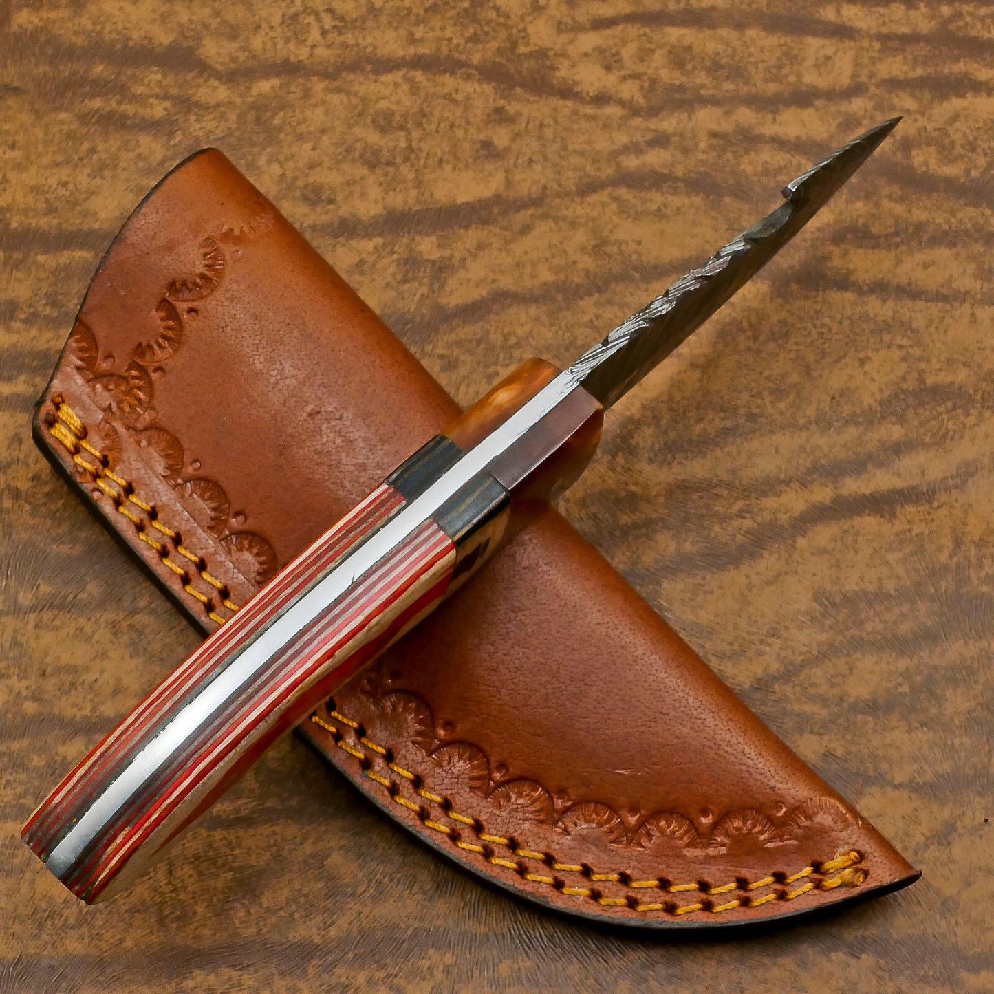 Heritage Forge Handmade Damascus Gut Hook Skinner Hunting Knife with Resin and Wood Handle – Custom Fixed Blade